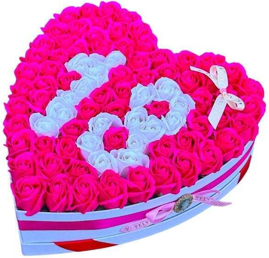 Aranjament Floral Personalizat Numărul 18 În Cutie În Formă De Inimă 101 Trandafiri Săpun Roz-alb