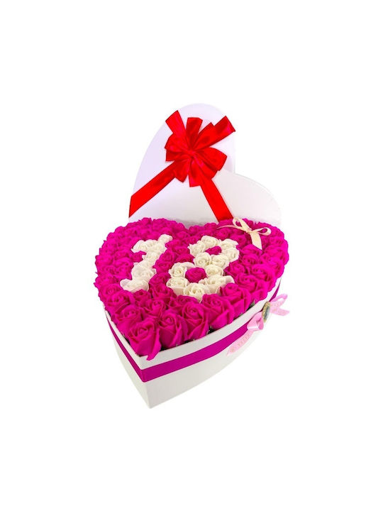 Aranjament Floral Personalizat Numărul 18 În Cutie În Formă De Inimă 101 Trandafiri Săpun Roz-alb