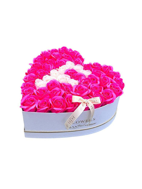 Aranjament Floral Personalizat Litera Cutie Inimă Albă 55 Trandafiri Săpun Fucsia-Albi