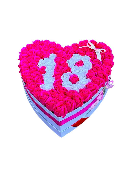 Aranjament Floral Personalizat Numărul 18 În Cutie În Formă De Inimă 101 Trandafiri Săpun Roz-alb