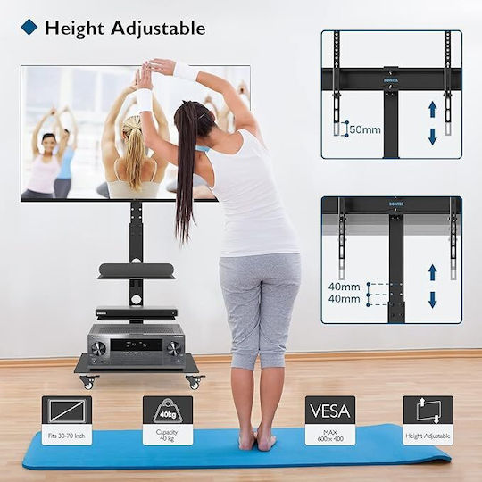 Bontec Suport TV cu Rotile 30-70 Inch pentru Ecrane Plasma LCD LED până la 40 kg 6 Ajustări de Înălțime Rafturi din Sticlă Temperată pe 3 Niveluri Max VESA 600 x 400 mm