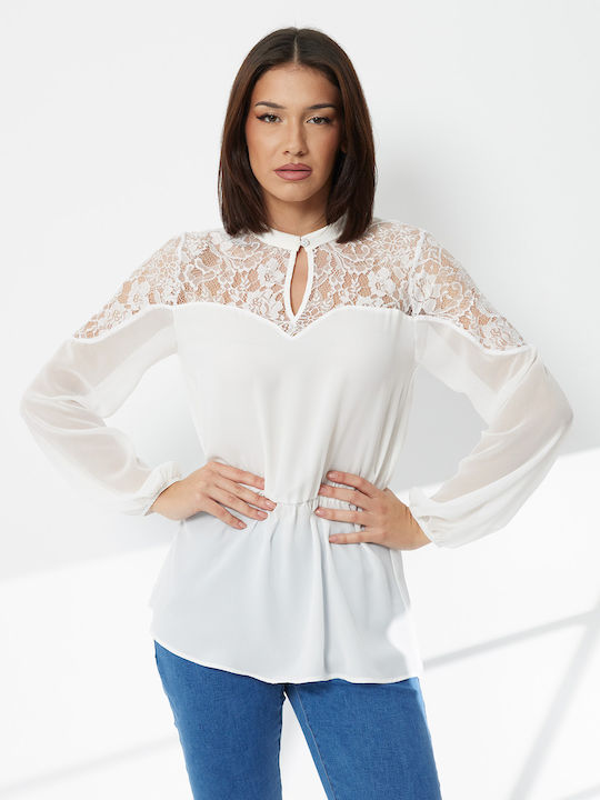 Women's Blouse with Lace & Sheerness White