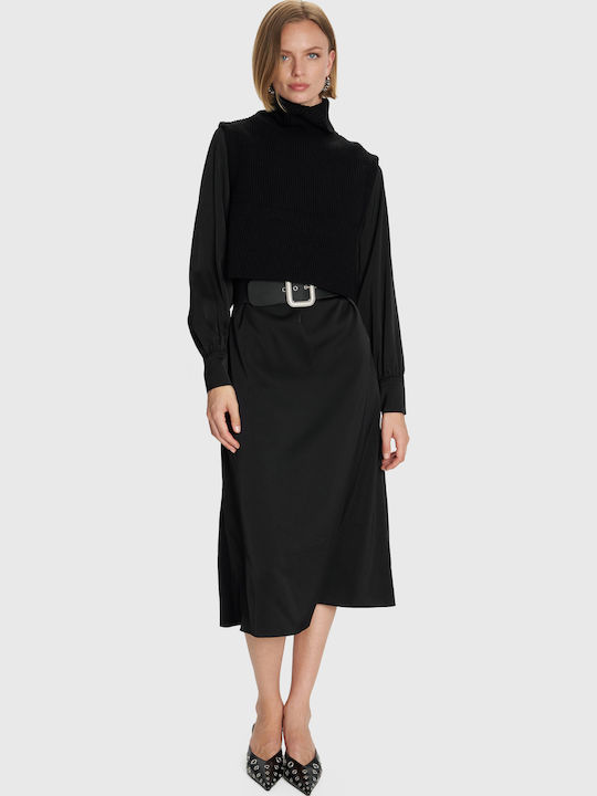 Midi Damenkleid Langärmelig Gestrickt Schwarz 8921910-Schwarz
