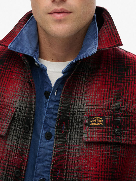 D2 Ovin Long Sleeve Overshirt in Regular Fit Checked Bordeaux