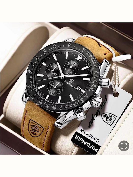 Poedagar Ceas Bărbați 44mm Cronograf Baterie Cu Curea Din Piele Maro