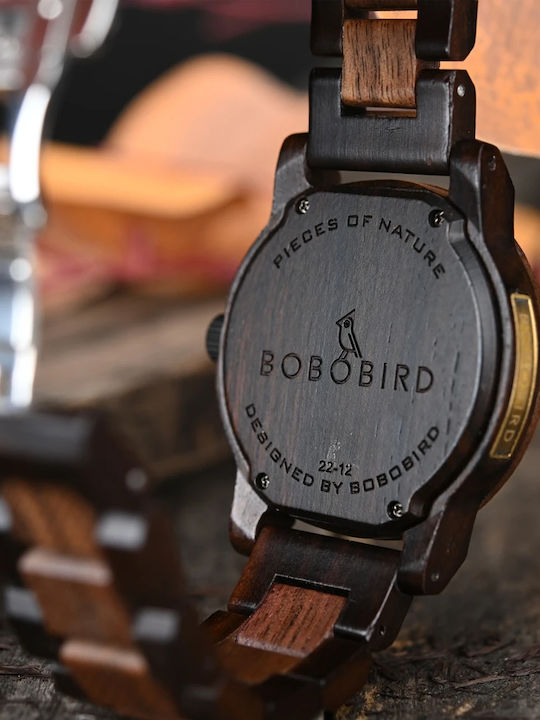 Bobo Bird Ceas Bărbați 43mm Baterie cu Brățară Din Lemn Maro