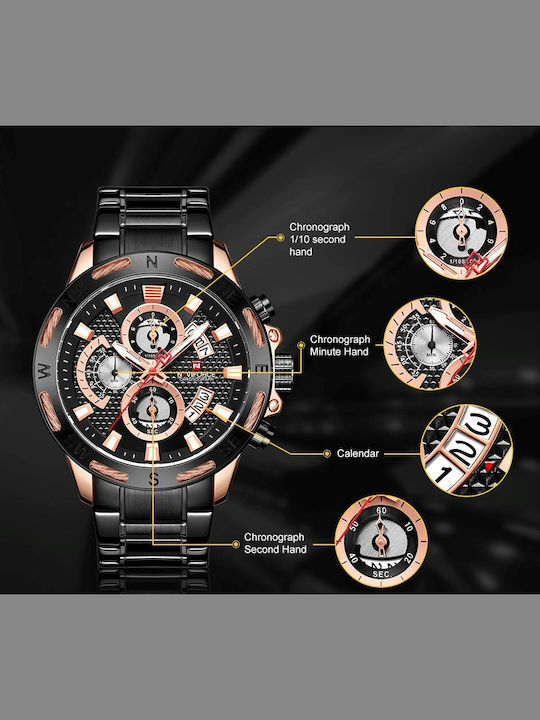 Naviforce Ceas Bărbați 24mm Cronograf Baterie Cu Brățară Din Metal Neagră
