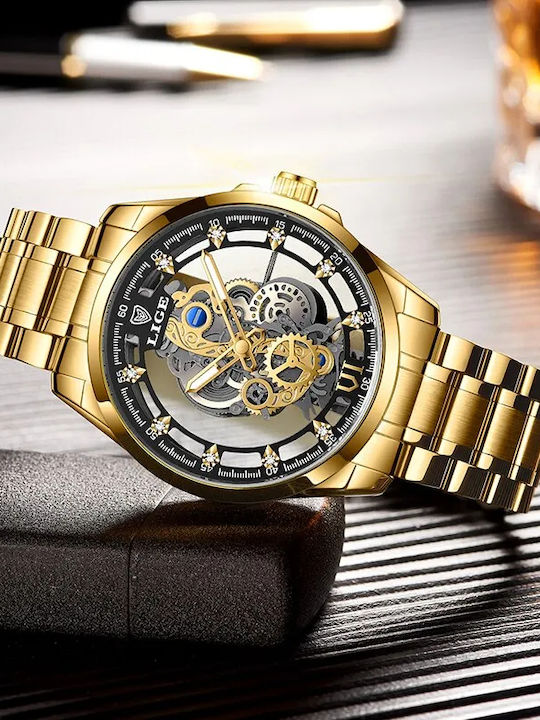 Lige Ceas Bărbați 40mm Baterie Cu Brățară Din Metal Aurie