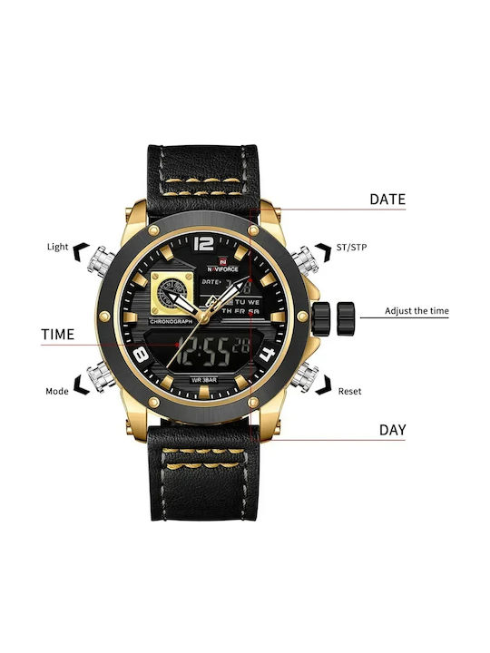 Naviforce Ceas Bărbați 16.5mm Cronograf Baterie cu Curea Din Piele Neagră