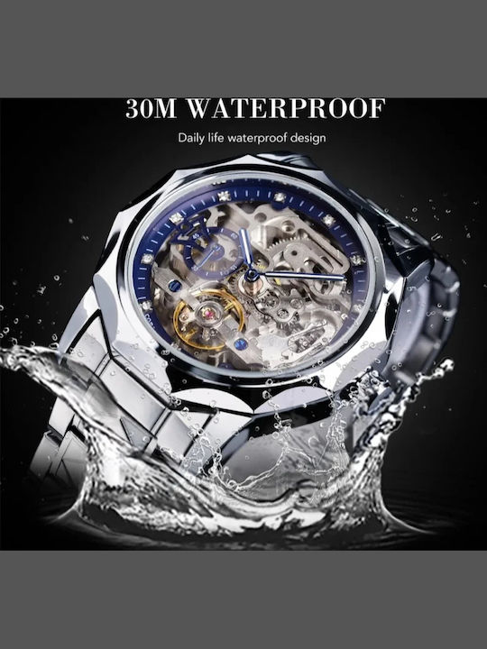 Forsining Ceas Barbati 42mm Automat Cu Brățară Din Metal Argintie