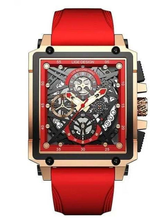 Lige Men's Watch 40mm Battery with Red Rubber Strap