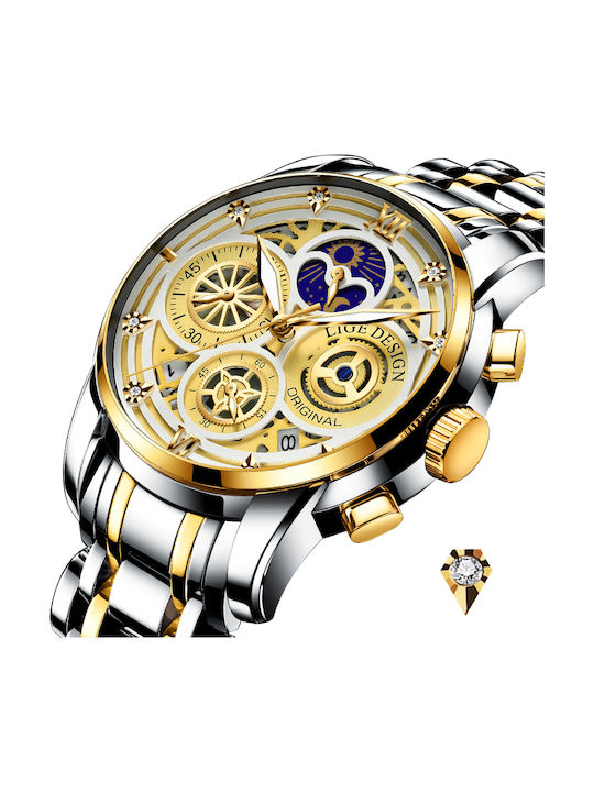Lige Ceas Bărbați 42mm Cronograf Baterie Cu Brățară Din Metal Aurie