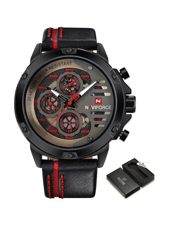 Naviforce Ceas Bărbați 48mm Cronograf Baterie Cu Curea Din Piele Neagră