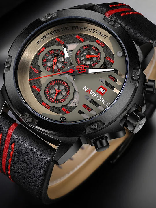 Naviforce Ceas Bărbați 48mm Cronograf Baterie Cu Curea Din Piele Neagră