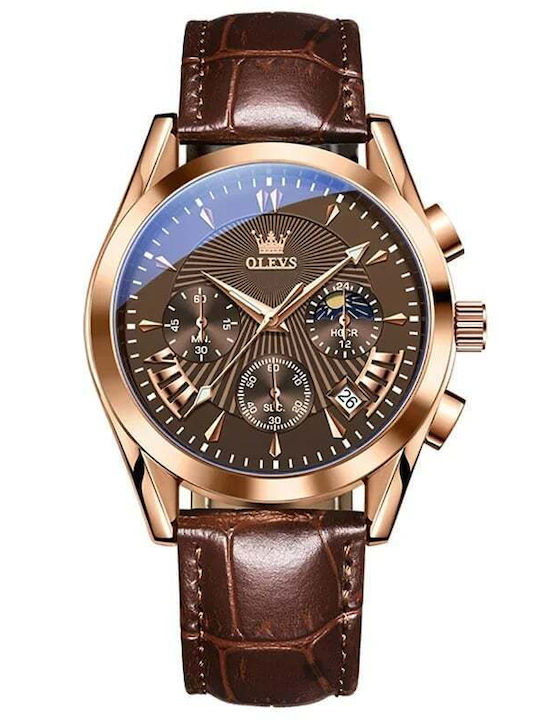 Olevs Herrenuhr 40mm Chronograph Batterie mit Braun Lederarmband