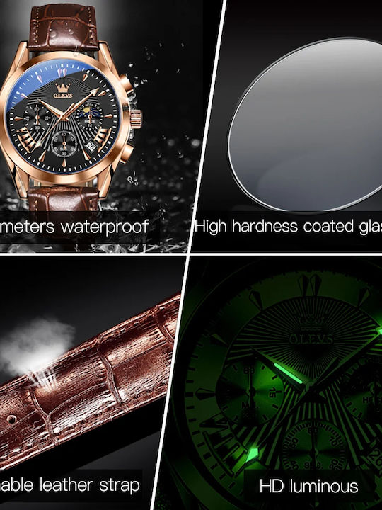 Olevs Herrenuhr 40mm Chronograph Batterie mit Braun Lederarmband