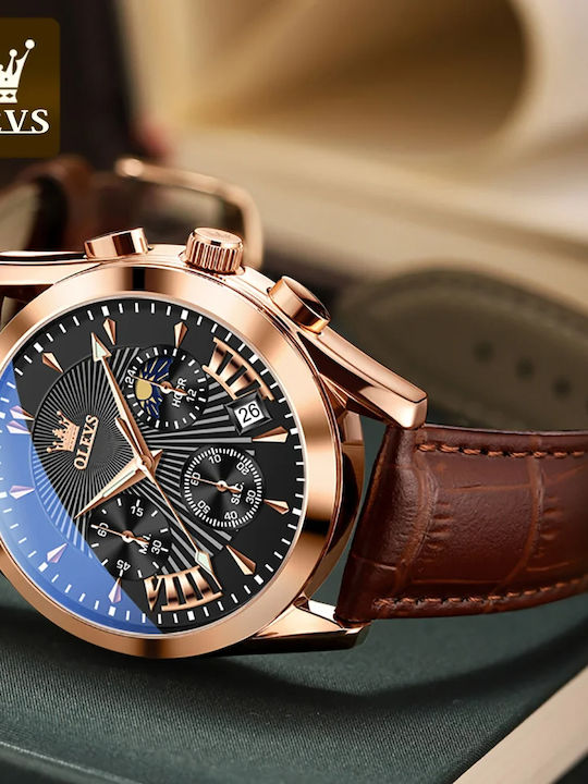 Olevs Herrenuhr 40mm Chronograph Batterie mit Braun Lederarmband