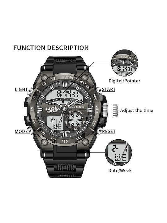 Lige Ceas Digital Pentru Bărbați 45mm Cronograf Cu Baterie Cu Curea Din Cauciuc Neagră