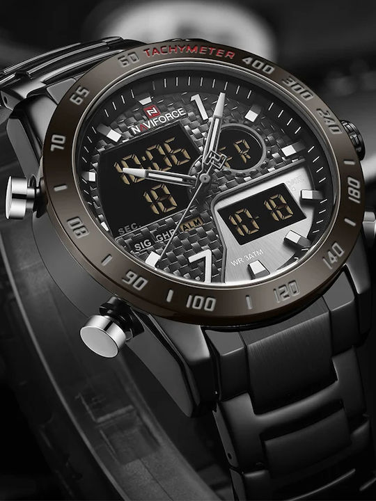 Naviforce Ceas Digital Barbati 45mm Cronograf Baterie cu Brățară Oțel Inoxidabil Neagră