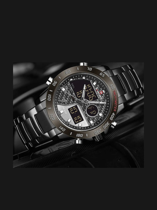 Naviforce Ceas Digital Barbati 45mm Cronograf Baterie cu Brățară Oțel Inoxidabil Neagră