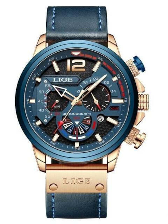 Lige Herrenuhr Chronograph Batterie mit Blau Lederarmband