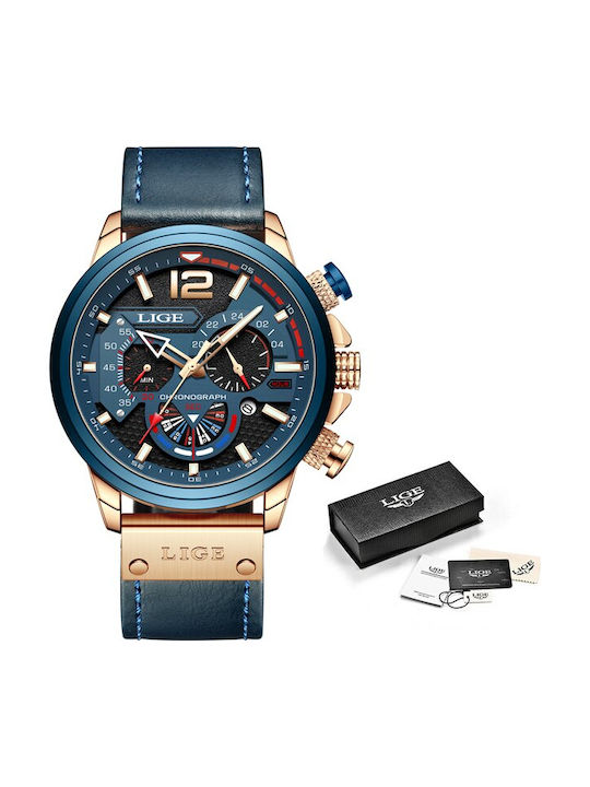 Lige Herrenuhr Chronograph Batterie mit Blau Lederarmband