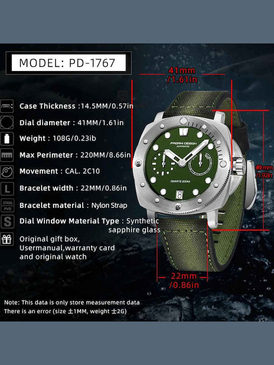 Pagani Design Ceas Barbatesc 41mm Automat Cu Cureaua Textila Verde