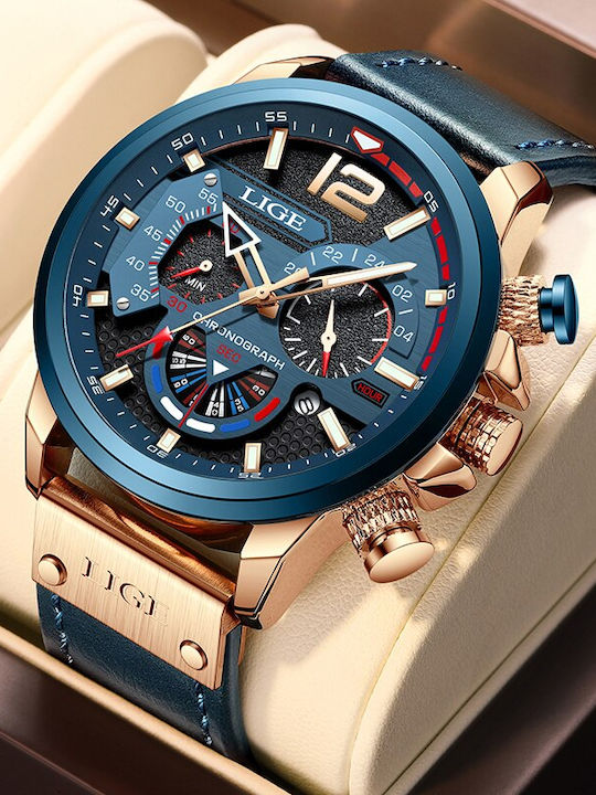 Lige Herrenuhr Chronograph Batterie mit Blau Lederarmband