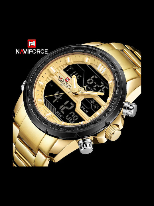 Naviforce Ceas Digital Barbatesc 45mm Cronograf Cu Baterie Cu Brățară Din Metal Aurie
