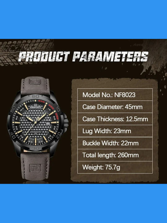 Naviforce Ceas Bărbați 45mm Baterie Cu Curea Din Piele Maro