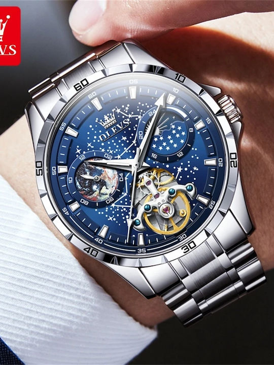 Olevs Γυναικείο Ρολόι 42mm Αυτόματο με Ασημί Μεταλλικό Μπρασελέ