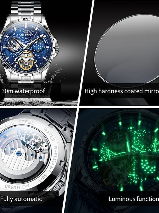 Olevs Γυναικείο Ρολόι 42mm Αυτόματο με Ασημί Μεταλλικό Μπρασελέ