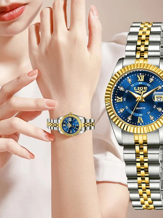 Lige Damen Uhr Automatisch mit Gold Metallarmband