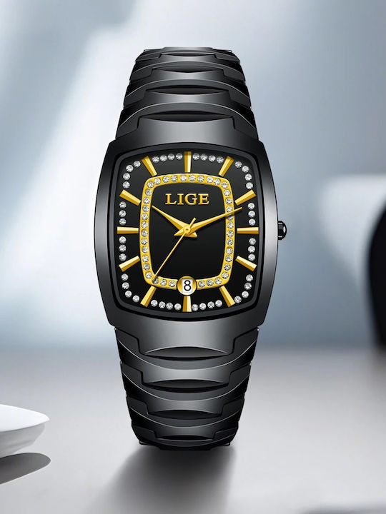 Lige Γυναικείο Ρολόι 43mm Μπαταρίας με Μαύρο Κεραμικό Μπρασελέ