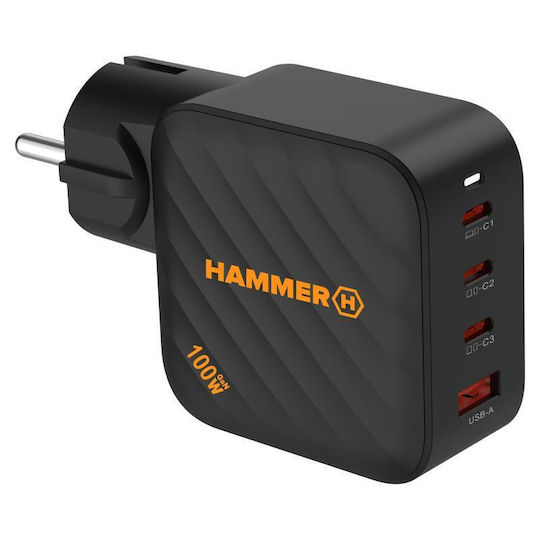 Hammer Charger Without Cable GaN with USB-A Port and 3 USB-C Ports 100W Power Delivery Blacks (RapidCharge Duo)
