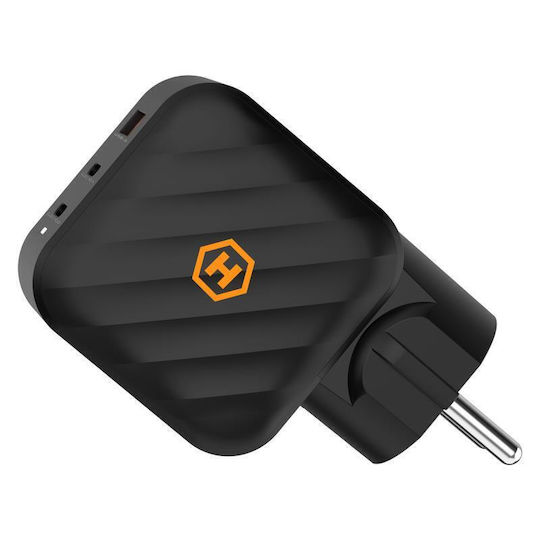 Hammer Charger Without Cable GaN with USB-A Port and 2 USB-C Ports 65W Power Delivery Blacks (RapidCharge Duo)