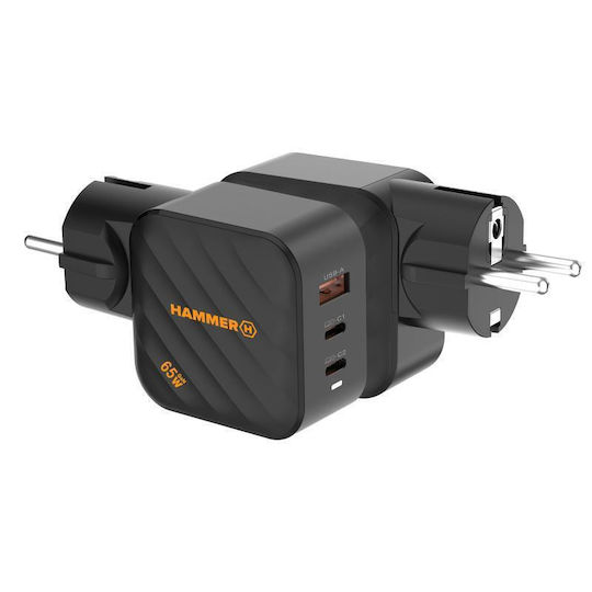 Hammer Charger Without Cable GaN with USB-A Port and 2 USB-C Ports 65W Power Delivery Blacks (RapidCharge Duo)