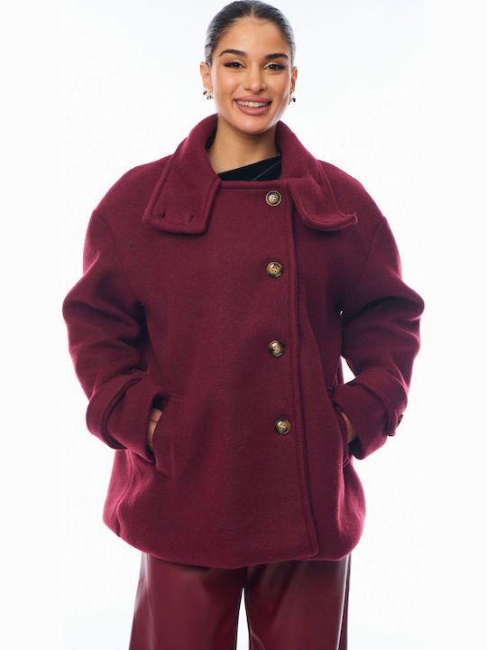 Women's Bordeaux Peacoat with Buttons