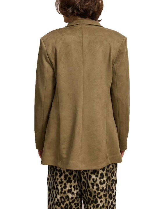 Namaste Long Women's Leather Waisted Blazer Khaki
