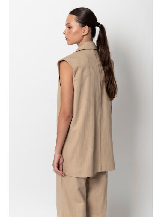 Long Women's Vest with Buttons Beige
