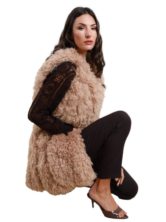 Women's Sleeveless Short Fur Taupe