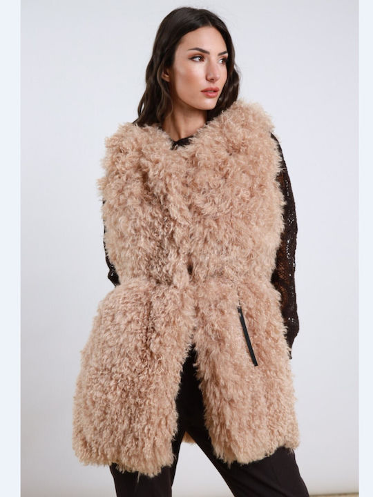 Women's Sleeveless Short Fur Taupe