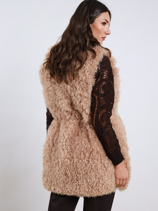 Women's Sleeveless Short Fur Taupe