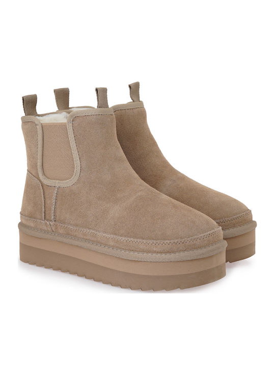 Leather Women's Ankle Boots with Fur Brown