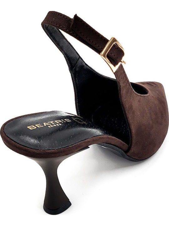 Suede Pointed Toe Brown Heels with Strap Women's