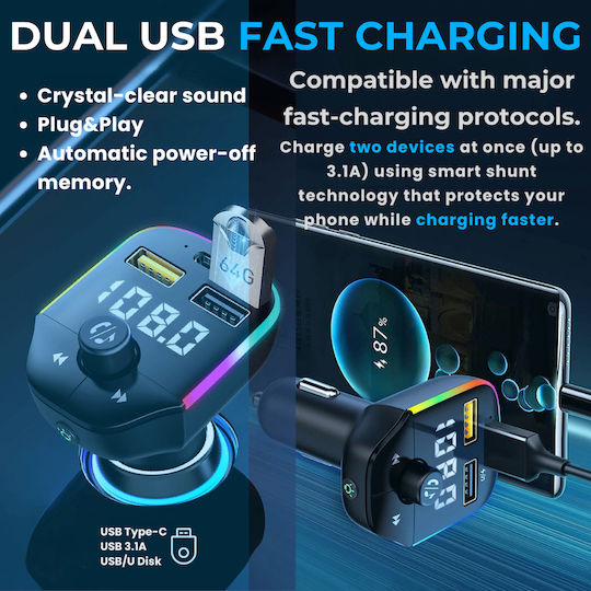 Luvlu FM Transmitter Αυτοκινήτου με Bluetooth / Type-C / USB
