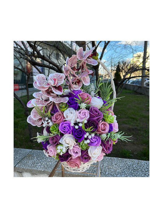 Coș Regal Orhidee Trandafiri De Săpun Accesorizați Flori Și Plante Artificiale Mov Alb Liliac