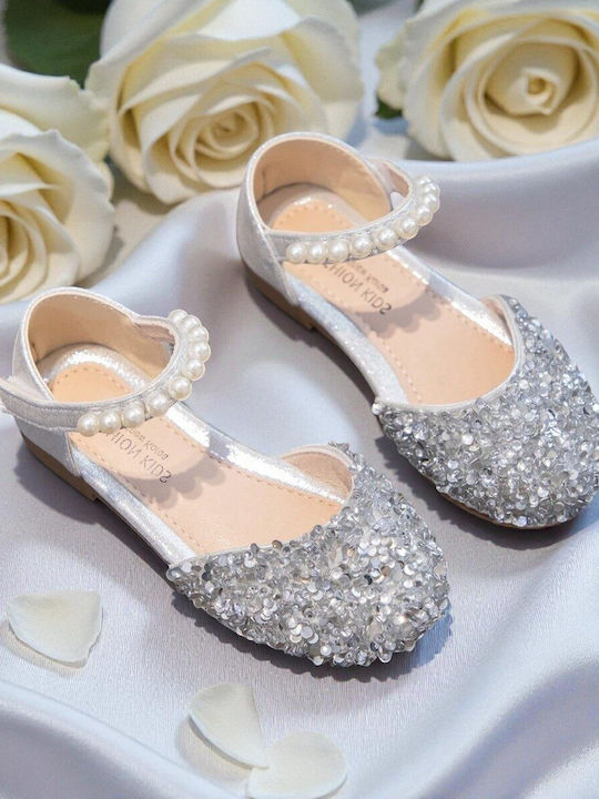 Kids Leather Ballerinas with Hoop & Loop Closure Silver