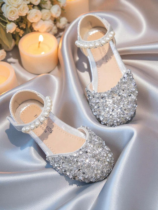 Kids Leather Ballerinas with Hoop & Loop Closure Silver