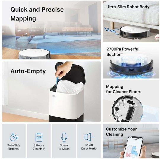TP-LINK Tapo Rv20 Max Plus Σκούπα Ρομπότ με Χαρτογράφηση Laser & Απορρόφηση 5300Pa Λευκή